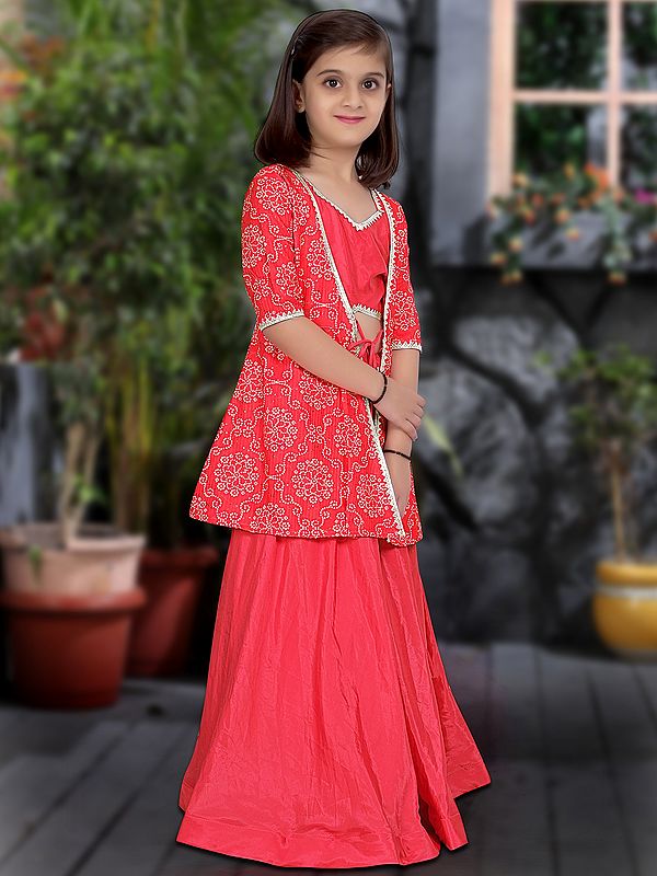 Exotic India Rani-Pink Heavy Silk Kid's Lehenga Choli With Rayon Patola Print Shrug 