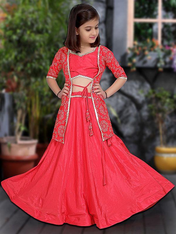 Exotic India Rani-Pink Heavy Silk Kid's Lehenga Choli With Rayon Patola Print Shrug 