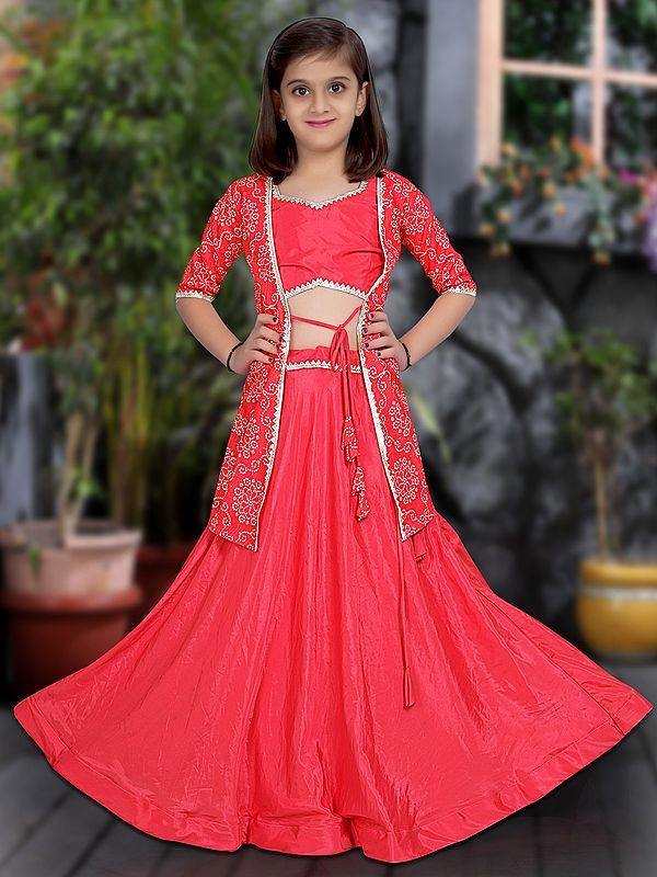 exotic india Rani-Pink Heavy Silk Kid's Lehenga Choli With Rayon Patola Print Shrug 