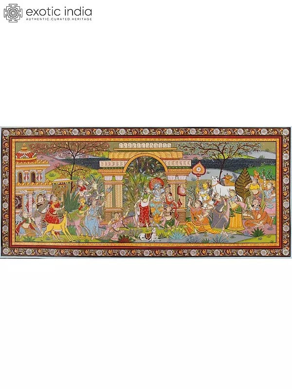 exotic india Raslila - Celebration View of Krishna with Gopis | Pattachitra Painting From Odisha 