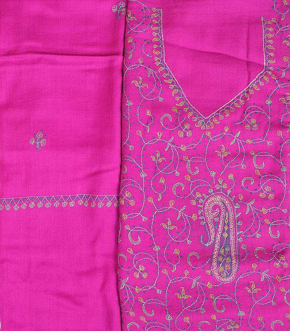 exotic india Raspberry-Rose Sozni Hand-Embroidered Tusha Salwar Kameez Fabric from Kashmir 
