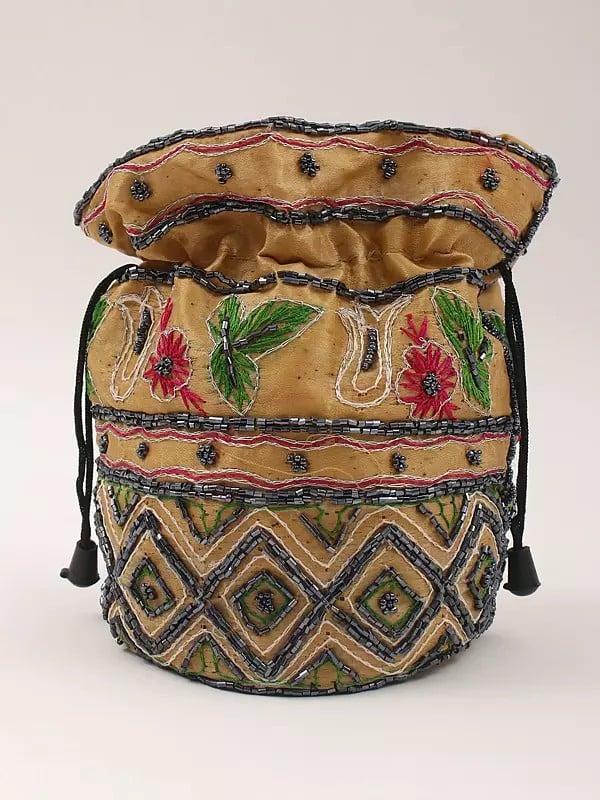exotic india Rattan-Beige Potli Bag with Beads Embroidery 