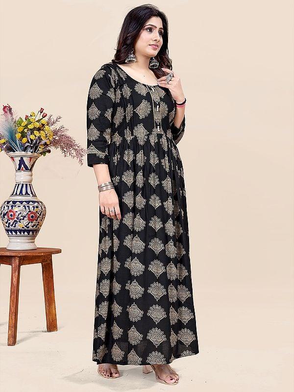 Exotic India Rayon All Over Motifs Digital Print And Round Neck Floral Party Wear Attractive Gown