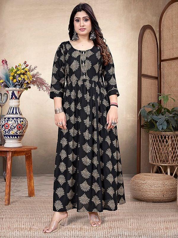 exotic india Rayon All Over Motifs Digital Print And Round Neck Floral Party Wear Attractive Gown