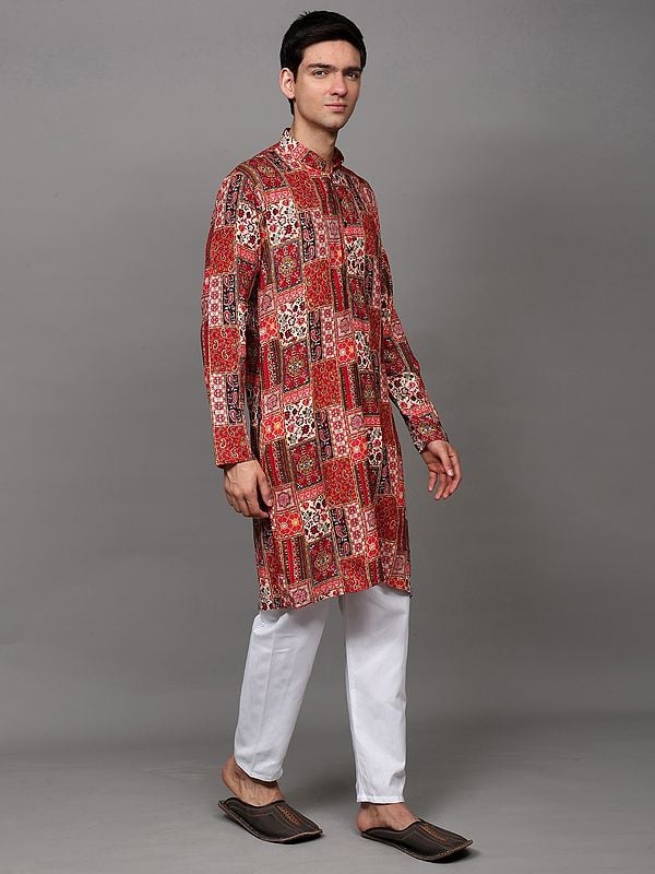 Exotic India Rayon Multicolor Floral Printed Kurta With Pant Style Cotton Pajama 