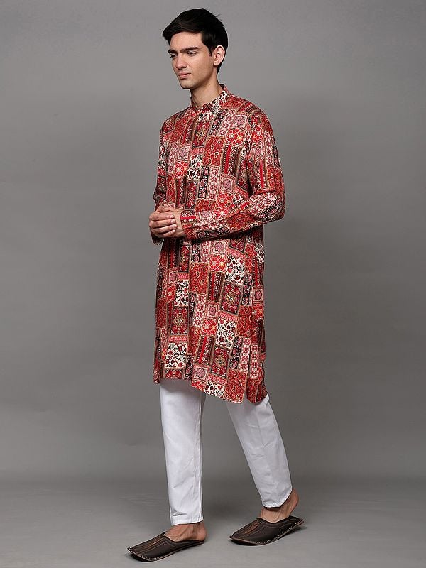 Exotic India Rayon Multicolor Floral Printed Kurta With Pant Style Cotton Pajama 