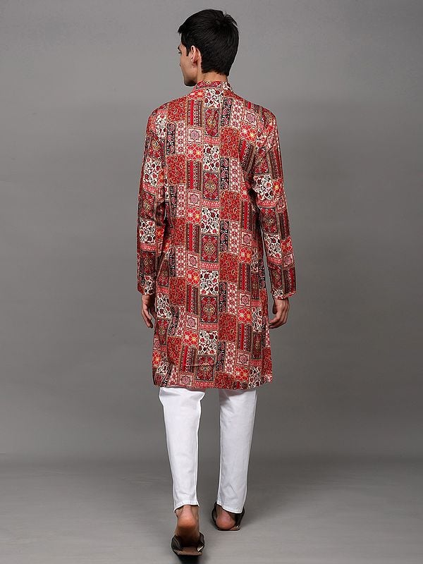 Exotic India Rayon Multicolor Floral Printed Kurta With Pant Style Cotton Pajama 