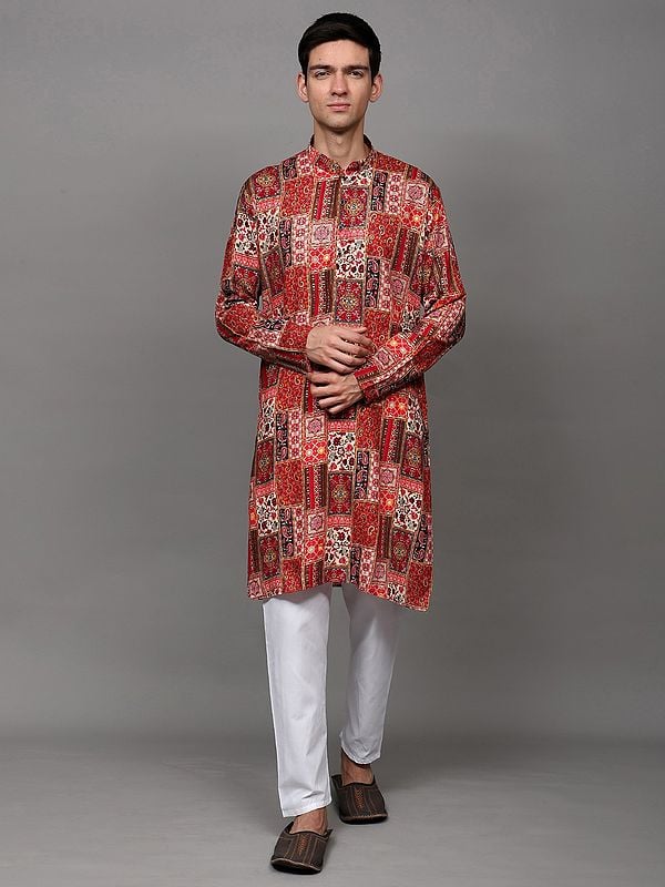 exotic india Rayon Multicolor Floral Printed Kurta with Pant Style Cotton Pajama 