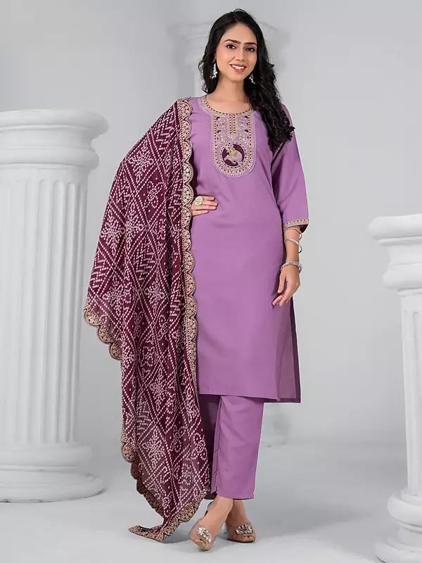 Exotic India Rayon Sequins And Embroidery Work Attractive Festive Wear Kurta Set With Bandhani Print Dupatta 