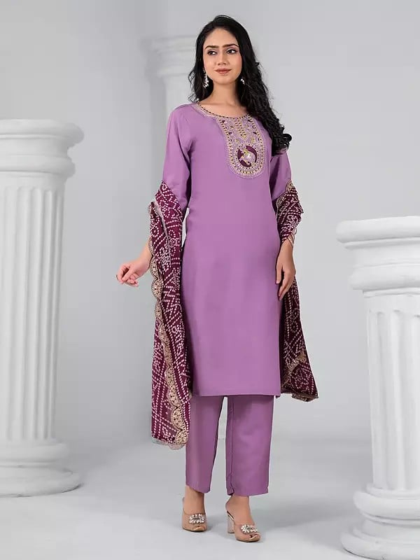 Exotic India Rayon Sequins And Embroidery Work Attractive Festive Wear Kurta Set With Bandhani Print Dupatta 
