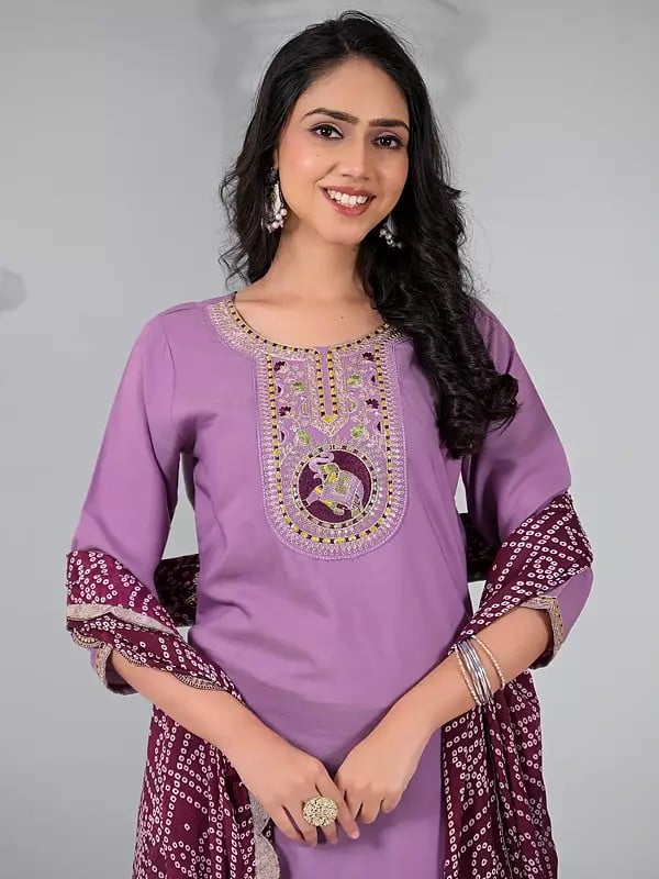 Exotic India Rayon Sequins And Embroidery Work Attractive Festive Wear Kurta Set With Bandhani Print Dupatta 
