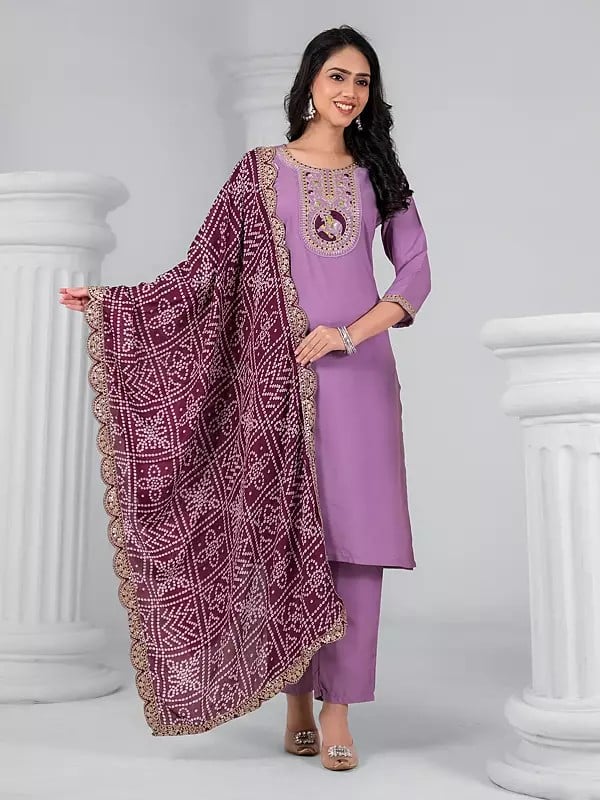 exotic india Rayon Sequins And Embroidery Work Attractive Festive Wear Kurta Set With Bandhani Print Dupatta 