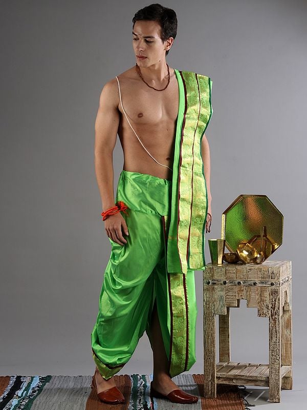 Exotic India Ready To Wear Dhoti And Angavastram Set With Meenakari Woven Golden Border 
