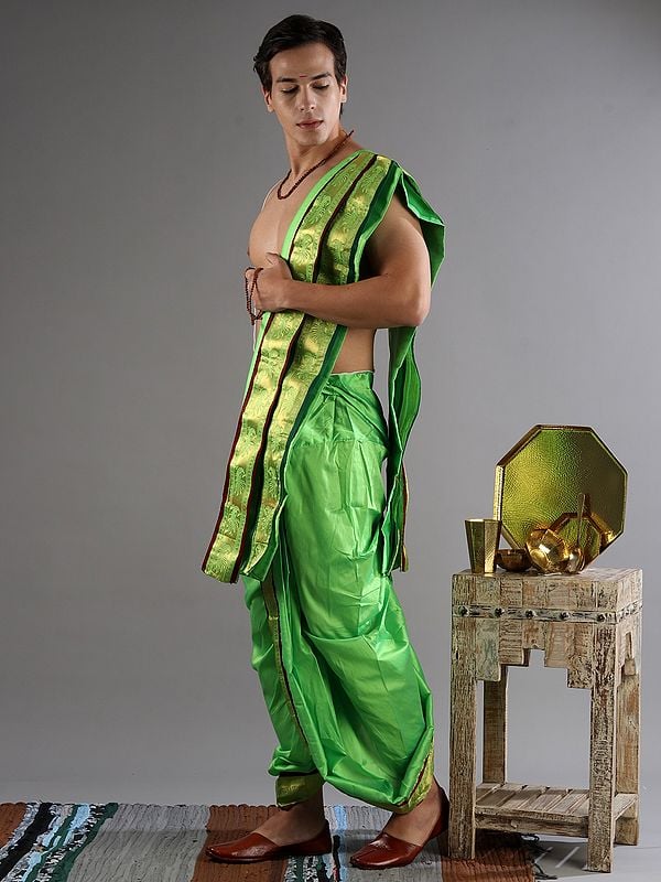 Exotic India Ready To Wear Dhoti And Angavastram Set With Meenakari Woven Golden Border 