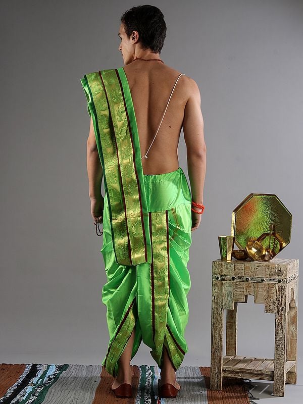 Exotic India Ready To Wear Dhoti And Angavastram Set With Meenakari Woven Golden Border 
