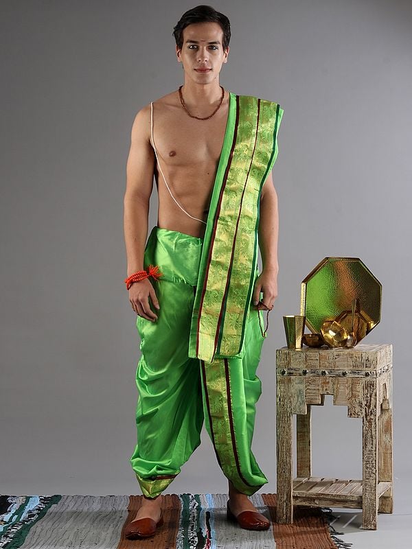 exotic india Ready to Wear Dhoti and Angavastram Set with Meenakari Woven Golden Border 