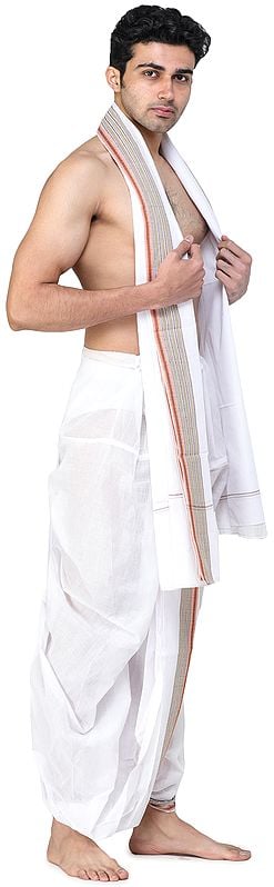 Exotic India Ready To Wear Dhoti And Angavastram Set With Temple Border 