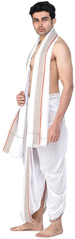 Exotic India Ready To Wear Dhoti And Angavastram Set With Temple Border 