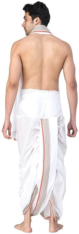 Exotic India Ready To Wear Dhoti And Angavastram Set With Temple Border 