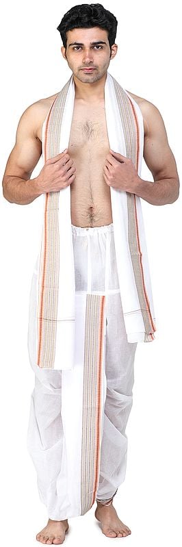 exotic india Ready to Wear Dhoti and Angavastram Set with Temple Border 
