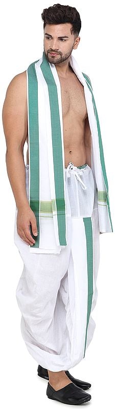 Exotic India Ready To Wear Dhoti And Angavastram Set With Wide Striped Border From ISCKON Vrindavan By BLISS 