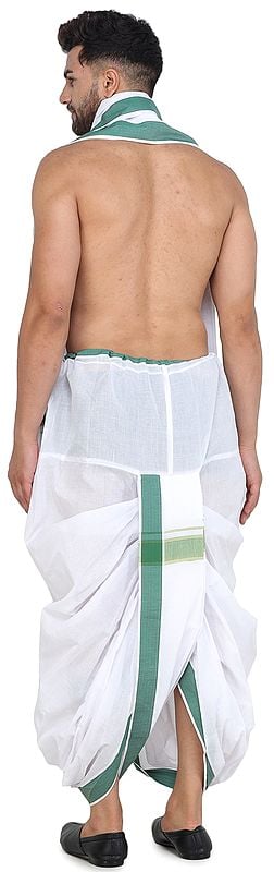 Exotic India Ready To Wear Dhoti And Angavastram Set With Wide Striped Border From ISCKON Vrindavan By BLISS 