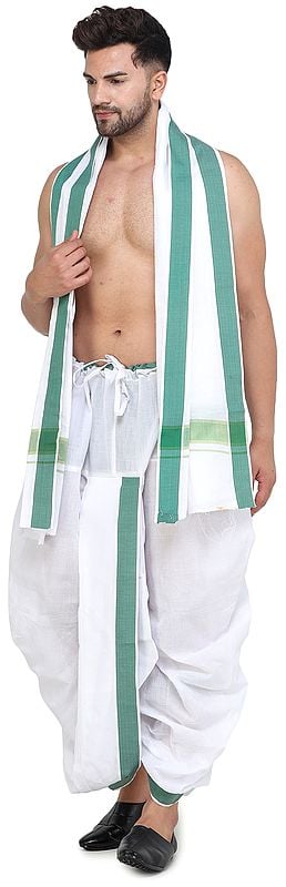 Exotic India Ready To Wear Dhoti And Angavastram Set With Wide Striped Border From ISCKON Vrindavan By BLISS 