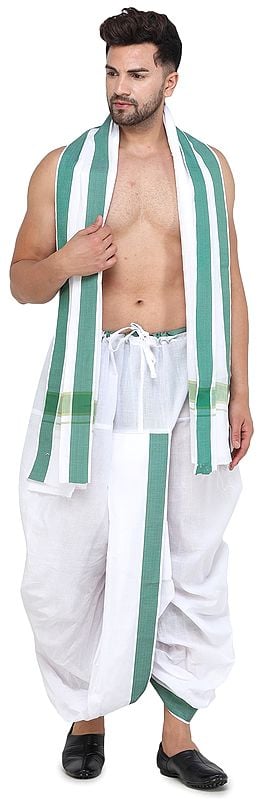 exotic india Ready to Wear Dhoti and Angavastram Set with Wide Striped Border from ISCKON Vrindavan by BLISS 