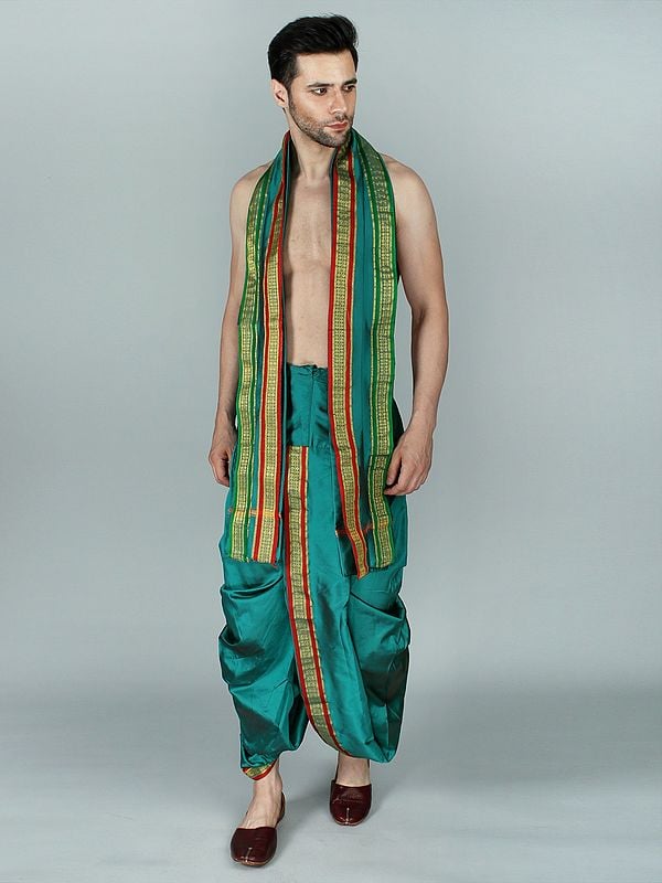 Exotic India Ready To Wear Dhoti And Angavastram Set With Woven Golden Border 