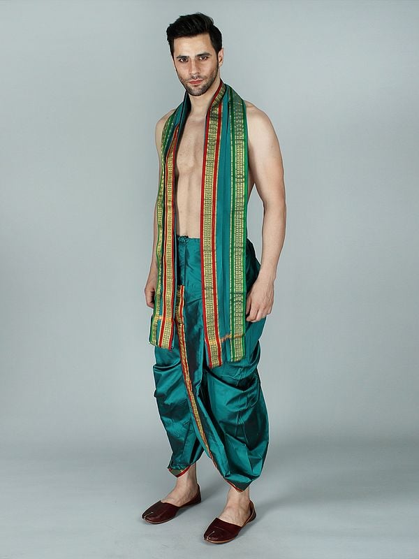 Exotic India Ready To Wear Dhoti And Angavastram Set With Woven Golden Border 