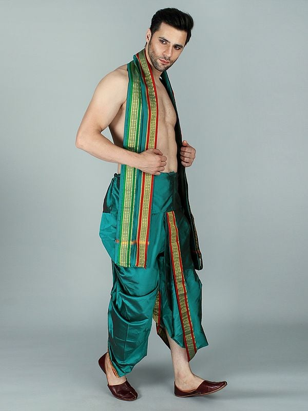 Exotic India Ready To Wear Dhoti And Angavastram Set With Woven Golden Border 