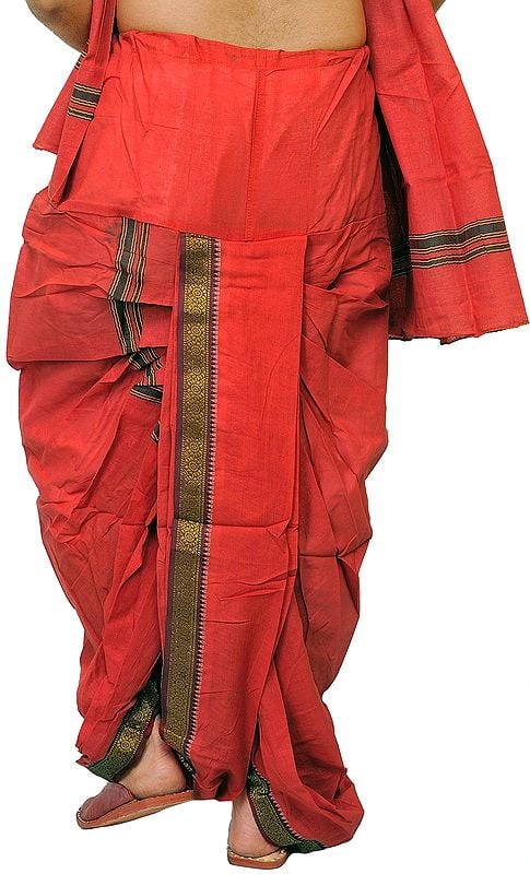 Exotic India Ready To Wear Dhoti And Angavastram Set With Woven Temple Border 