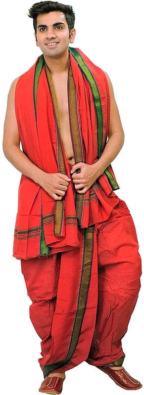 exotic india Ready to Wear Dhoti and Angavastram Set with Woven Temple Border 