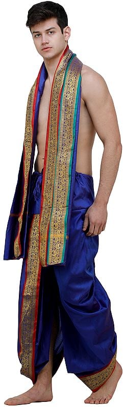 Exotic India Ready To Wear Dhoti And Angavastram Set With Woven Golden Leaves Border 