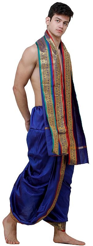 Exotic India Ready To Wear Dhoti And Angavastram Set With Woven Golden Leaves Border 
