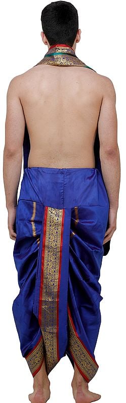Exotic India Ready To Wear Dhoti And Angavastram Set With Woven Golden Leaves Border 