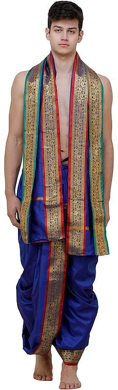 exotic india Ready to Wear Dhoti and Angavastram Set with Woven Golden Leaves Border 