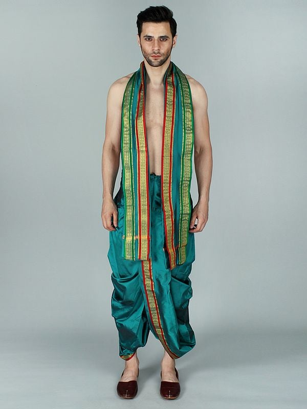 exotic india Ready to Wear Dhoti and Angavastram Set with Woven Golden Border 
