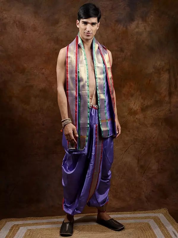 Exotic India Ready To Wear Dhoti And Veshti Set With Woven Golden Border 