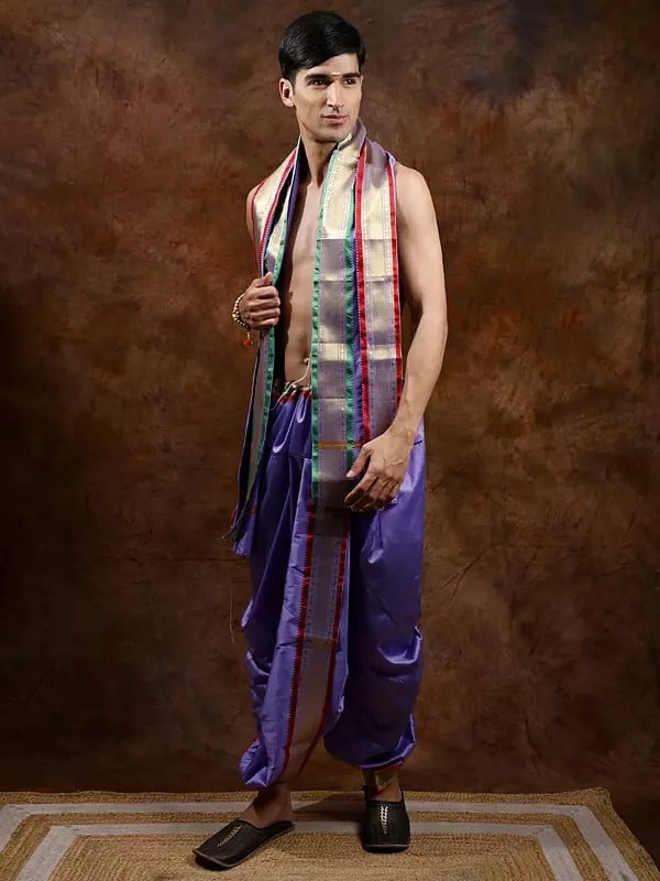 Exotic India Ready To Wear Dhoti And Veshti Set With Woven Golden Border 
