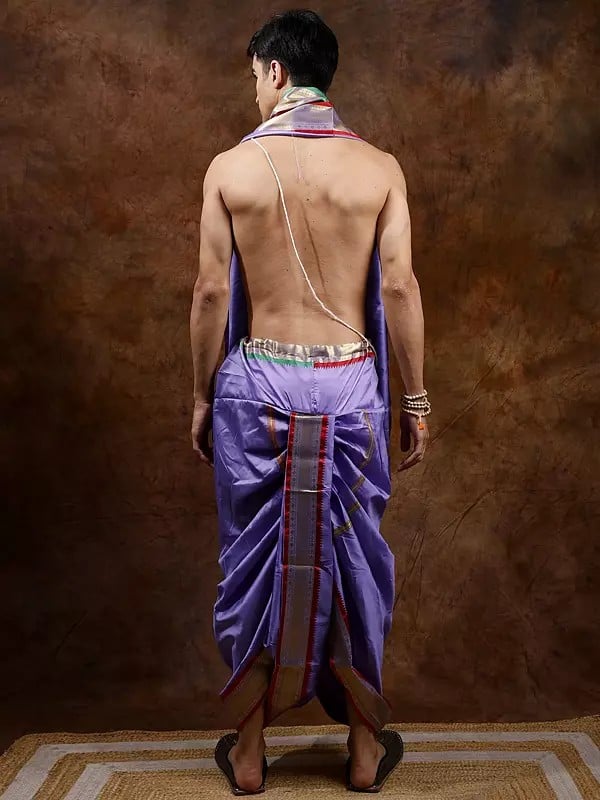 Exotic India Ready To Wear Dhoti And Veshti Set With Woven Golden Border 