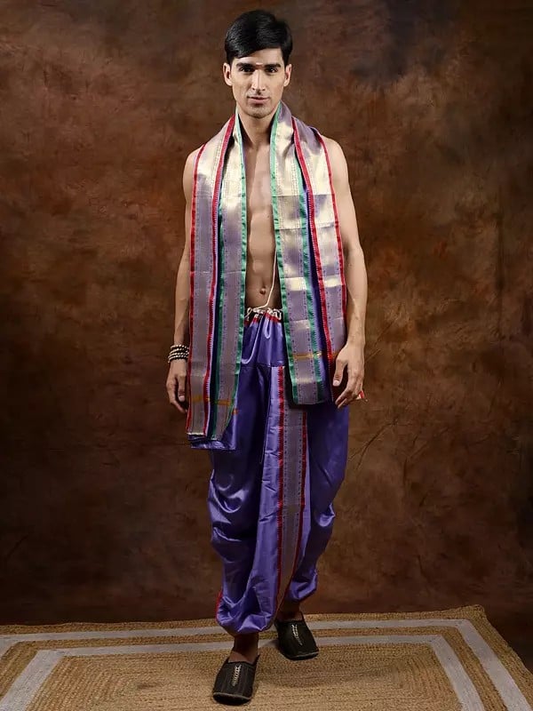 exotic india Ready to Wear Dhoti and Veshti Set with Woven Golden Border 