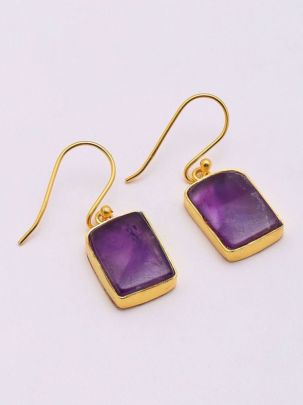 Exotic India Rectangular Cut Star Amethyst Hook Earrings