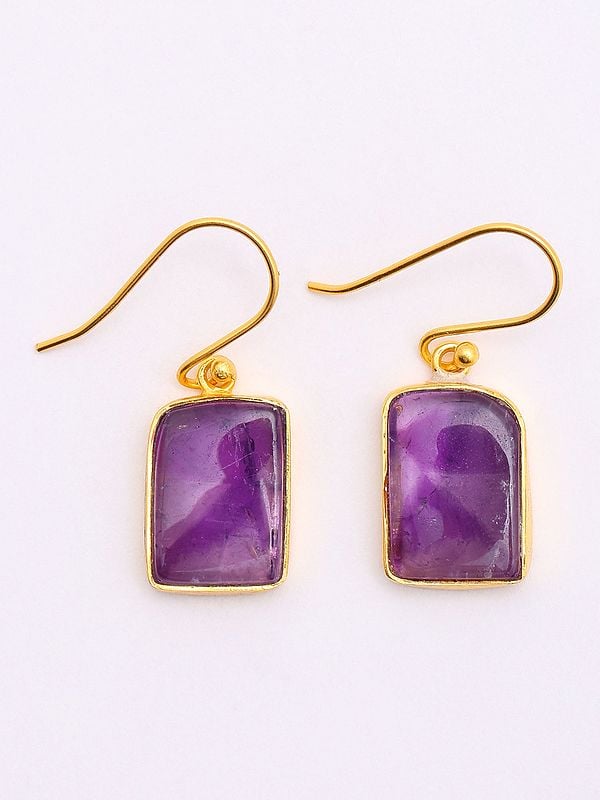 Exotic India Rectangular Cut Star Amethyst Hook Earrings