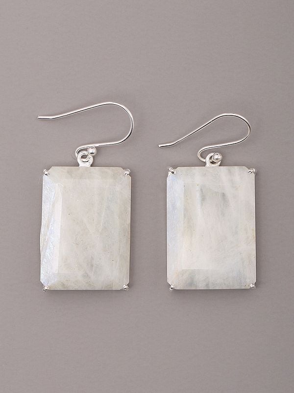 Exotic India Rectangular Rainbow Moonstone Dangle Earrings 
