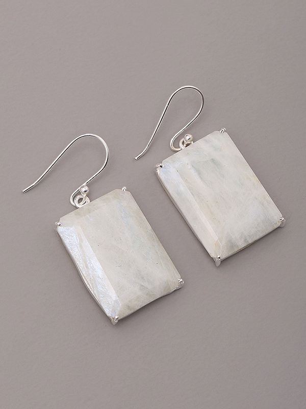 Exotic India Rectangular Rainbow Moonstone Dangle Earrings 