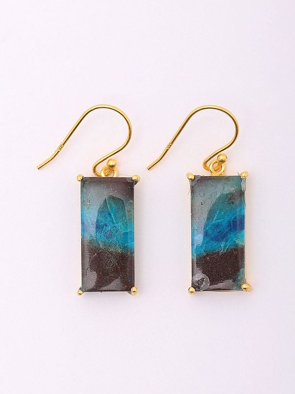 Exotic India Rectangular Shape Chrysocolla Gemstone Earrings 