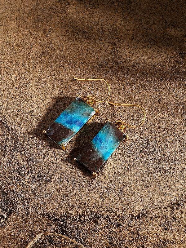 Exotic India Rectangular Shape Chrysocolla Gemstone Earrings 
