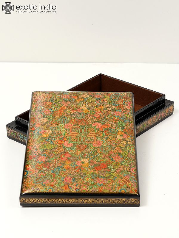 Exotic India Rectangular Shaped Papier Mache Box | 24 Karat Gold Work | Handmade 