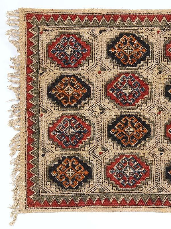 Exotic India Red And Black Kalamkari With Tile Pattern Dhurrie From Telangana